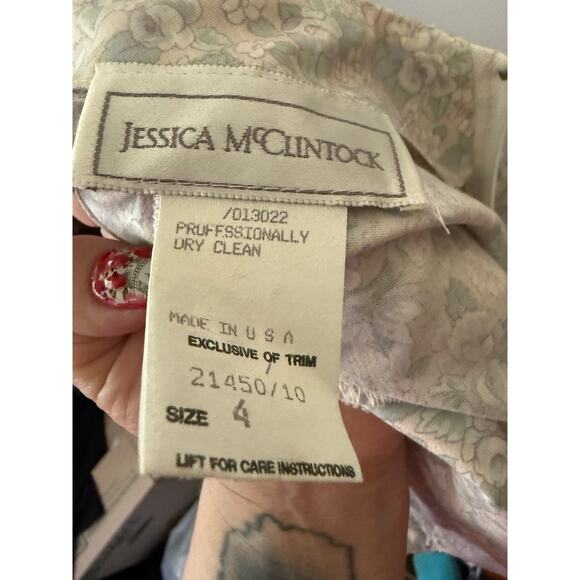 Vintage 80’s Jessica McClintock Designer Grey White Bow Floral Romantic Dress XS - Picture 7 of 8